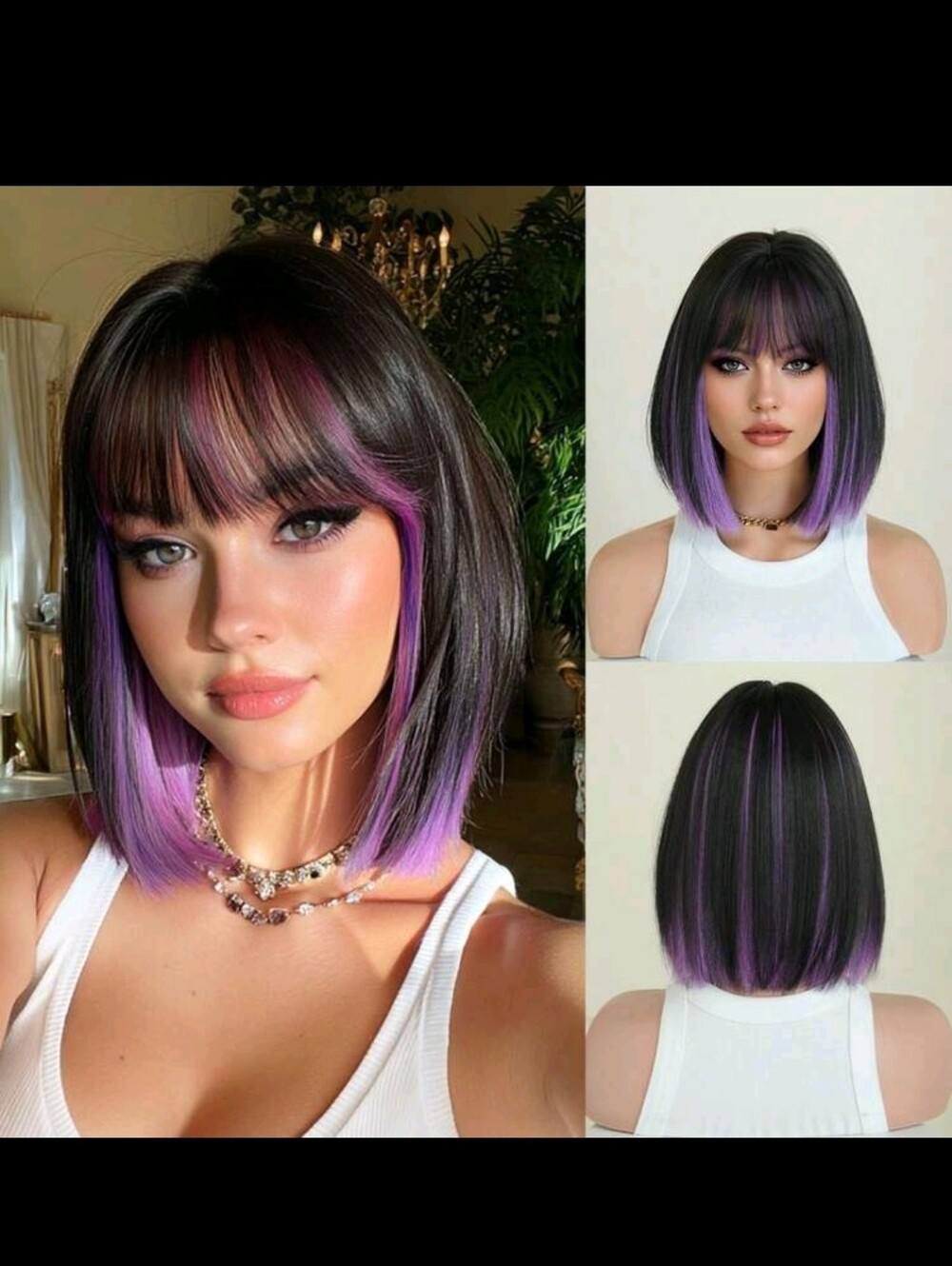 Purple Ombre Bob Wig with Bangs - Black to Purple